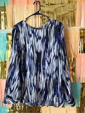 Vince Camuto Blue, Black & White Abstract Print Long-Sleeve Blouse